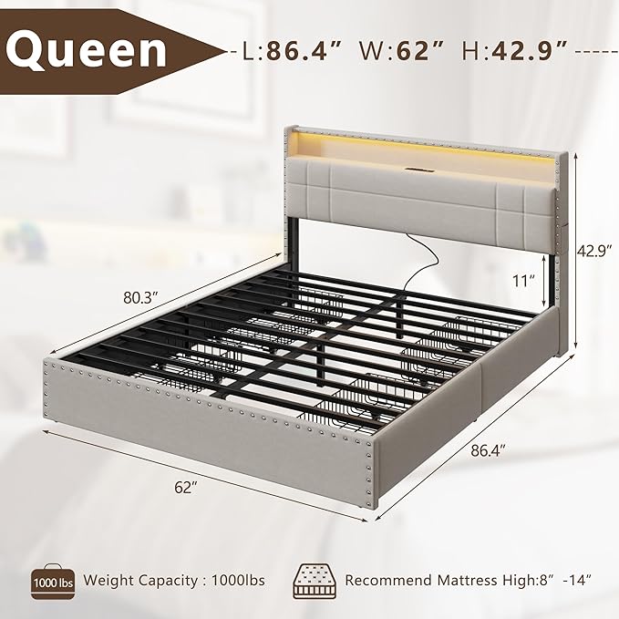 Forestell Queen Bed Frame with 4 Drawers and Storage Headboard, Upholstered Platform Bed Frame Queen Size with LED Lights and Charging Station, Metal Slats Support, No Box Spring Needed, Beige