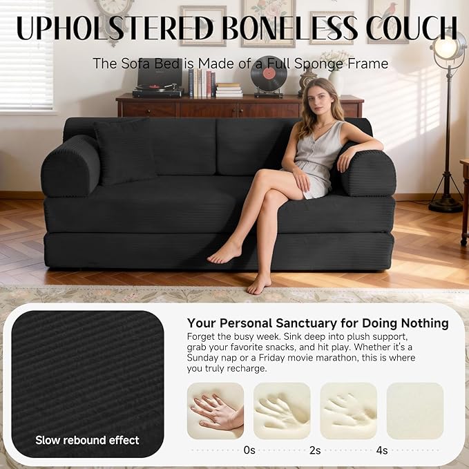 78.8" Convertible Sofa Bed with Detachable Arm Pillow, 6-in-1 Sectional Couches for Living Room, Corduroy Boneless Couch, Sleeper Loveseat Couch Bed, No Assembly, Black Couch