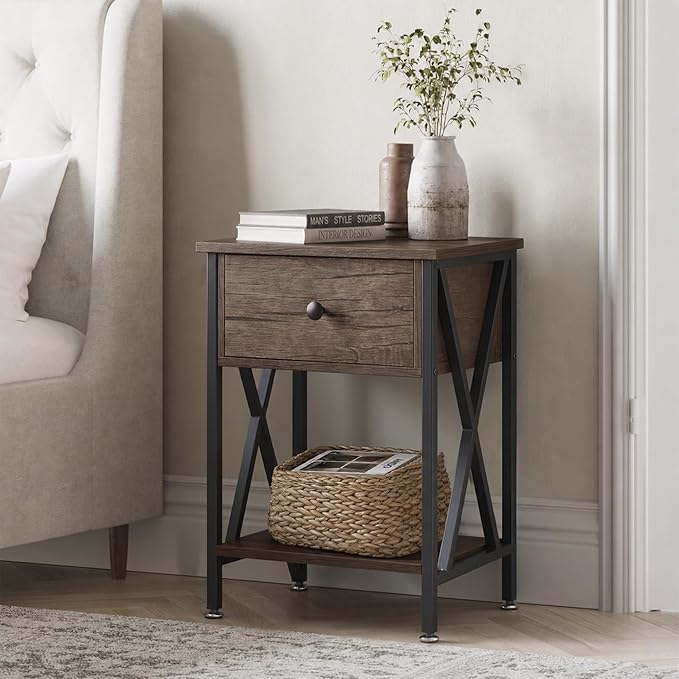 VECELO Nightstands Set of 2, Modern Bedside End Tables, Night Stands with Drawer and Storage Shelf for Living Room Bedroom, Industrial Metal Frame
