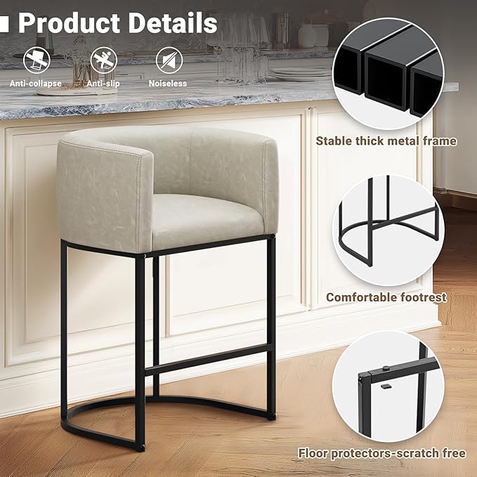 26" H Counter Height Bar Stools Set of 1, Modern Barrel Counter Stools with Backrest and Arms, Faux Leather Upholstered Accent Barstools for Kitchen Island,Support 450 LBS (Grayish White)