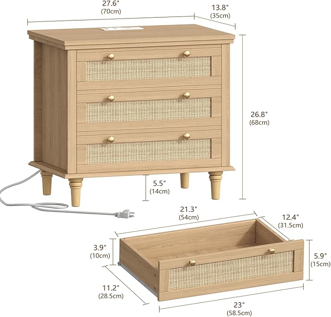 Keehusux 27.6" W Rattan Nightstand with 3 Drawers, Large Night Stand with Charging Station, Boho Bedside Table with Round Handles, Wooden End Table for Bedroom, Natural Oak