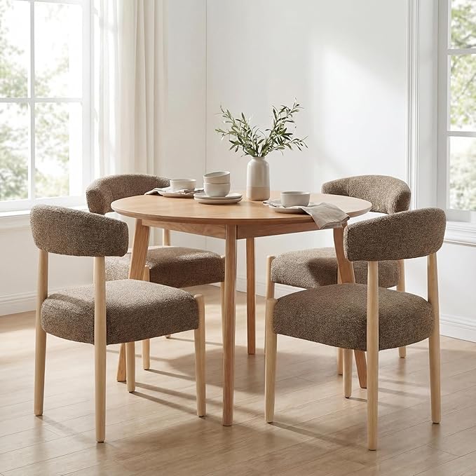 VKNOW Upholstered Dining Room Set for 4, Mid-Century Modern Dining Chairs Set of 2 and Dining Bench with Rubberwood Legs, for Dining Room, Living Room, Kitchen, Dark Brown
