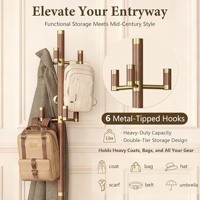 Solid Wood Freestanding Coat Rack with 6 Gold Metal Hooks, Heavy-Duty Freestanding Coat Stand for Coats, Hats, and Bags, Coat Racks for Bedroom, Entryway, and Living Room (Walnut)