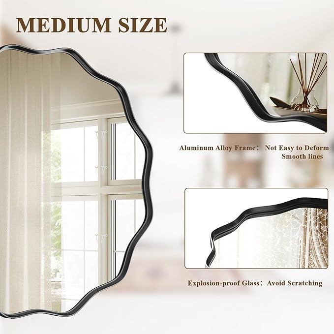 VooBang Black Scalloped Large Circle Mirror, 42" Wavy Edge Round Wall Mirror with Tempered Glass Textured Circular Metal Deep Frame, Hanging Leaning for Bathroom, Hallway, Entryway, Livng Room
