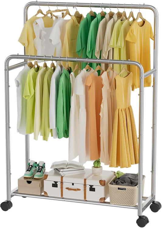 Simple Trending Clothing Clothes Rack Double Rods with Wheels, Rolling Metal Garment Rack for Hanging, Silver