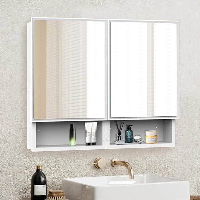 32x26 Inch Bathroom Medicine Cabinet with Mirror, Double Door Wall Mounted Storage with Extra Drawers, Bevel Edge Mirror, Adjustable Shelves, for Recessed or Surface Mount Installation