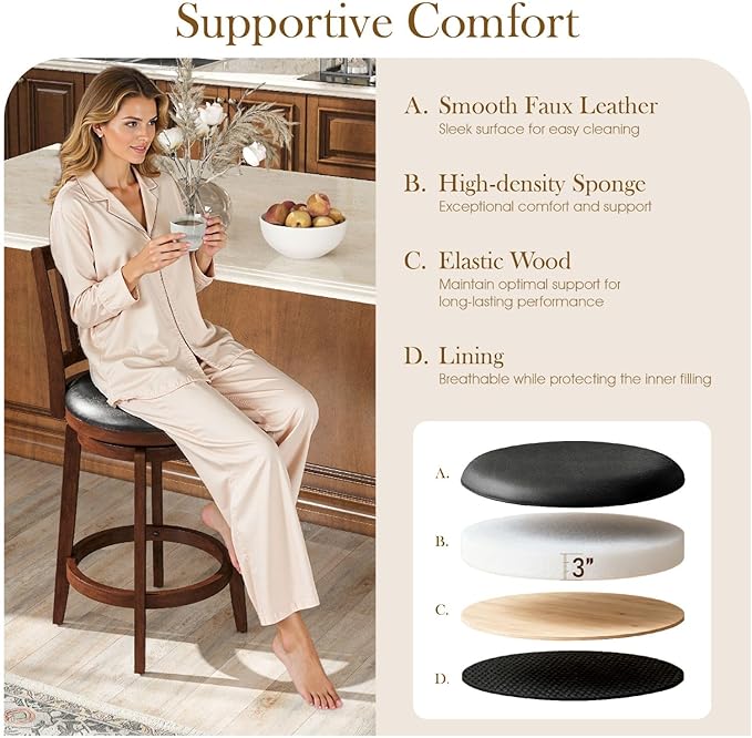 Sophia & William Swivel Counter Height Bar Stools Set of 3, 26 Inch Faux Leather Barstools with Backrest & Solid Wood Legs, Brown Kitchen Counter Stools