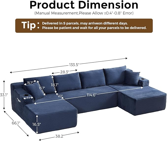 133" Oversized Cloud Boneless Sofa Couch with Chaise, Modern Corduroy U Shaped Modular Sectional Sofa with Deep Seat, Comfy Couch with Cupholders and Storage, No Assembly Required-Blue