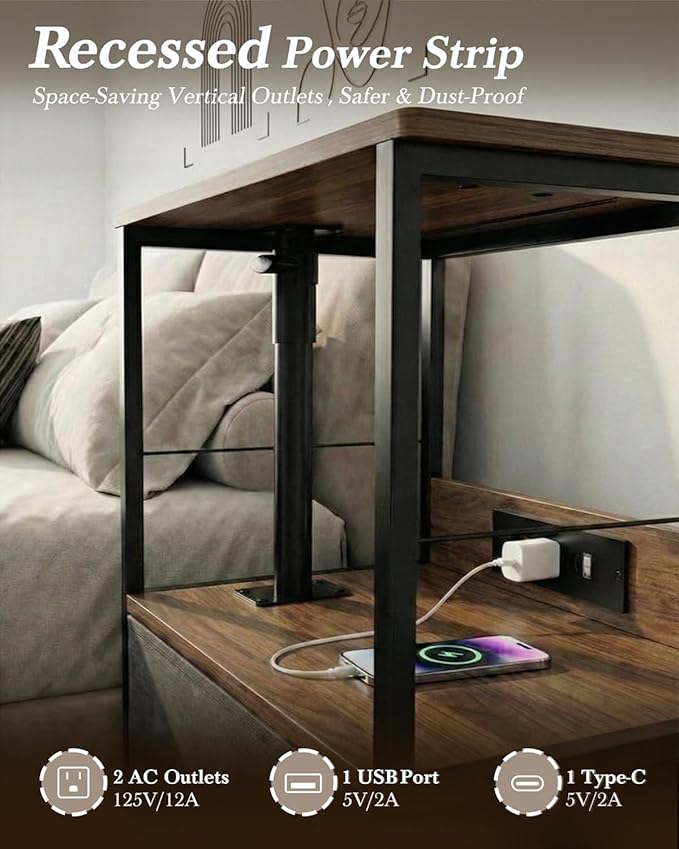 Faesun Swivel Lift Top Nightstand with Charging Station, Rolling Side Table for Recliner, Bedside Table with Wheels & 2 Fabric Drawers, for Small Spaces, for Bedroom, Living Room, Walnut Gray