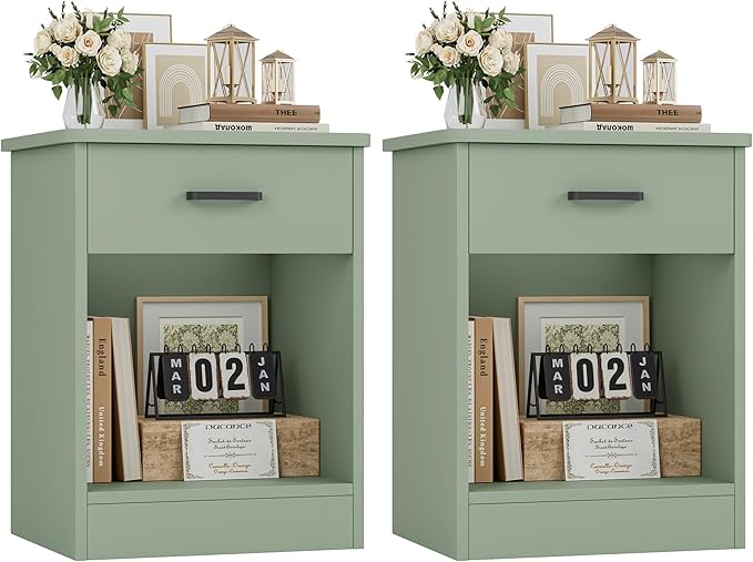 FOTOSOK Nightstand Set of 2, 2-Tier Side Table with Drawer and Storage Shelf, Bedside Table End Table, Modern Night Stand for Bedroom, Home Office, Green