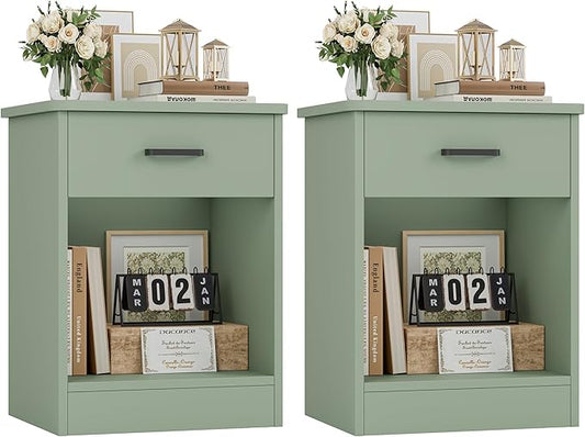 FOTOSOK Nightstand Set of 2, 2-Tier Side Table with Drawer and Storage Shelf, Bedside Table End Table, Modern Night Stand for Bedroom, Home Office, Green