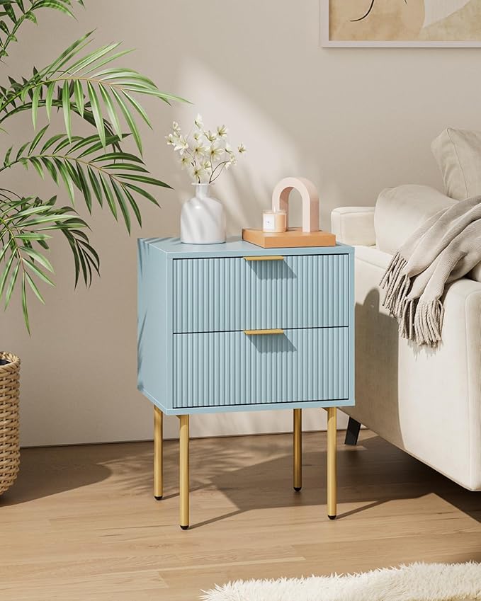 Aienvey Night Stand, Modern Nightstand with Drawers, Bedside Table, Gold Small Side Table for Bedroom, Living Room End Table (Blue Stripe, 2 Drawers)