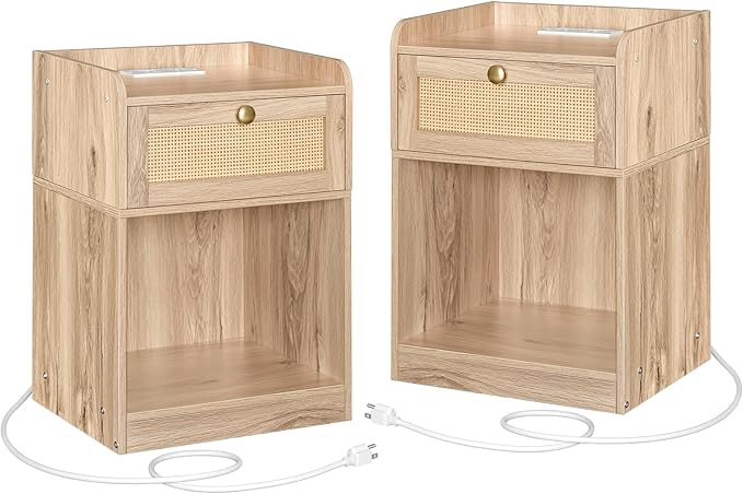 CHOEZON Rattan Nightstands Set of 2 with Charging Station, Boho Nightstand, Rattan Bedside Tables with Drawer, Storage Side Table with 2 USB Ports, Bedroom, Natural MBZ01UP2WO
