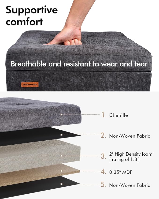 ABHENG Chenille Cover Steel Frame Ottoman with 48L Storage,17.7" x 17.7" x 17.7" Square Linen Storage Ottoman Stool Cube with Legs,for Dorm Livingroom Charcoal UASND641B