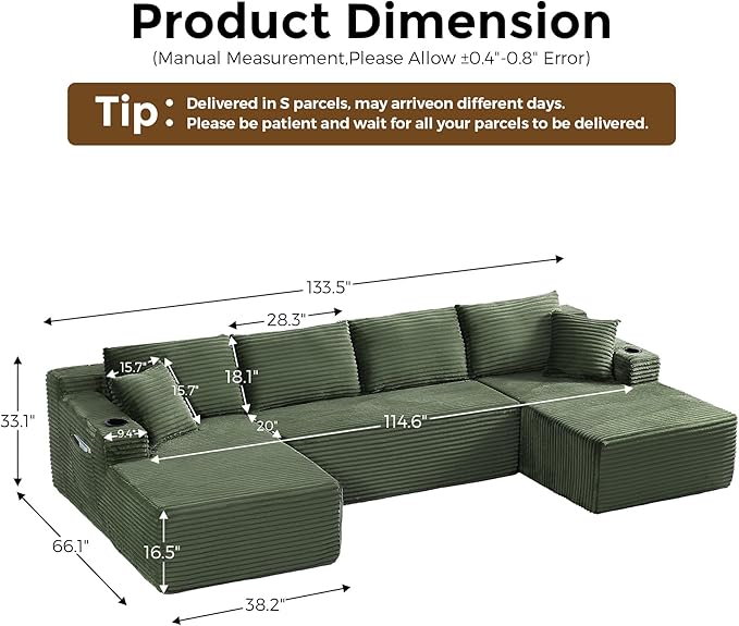 133" Oversized Cloud Boneless Sofa Couch with Chaise, Modern Corduroy U Shaped Modular Sectional Sofa with Deep Seat, Comfy Couch with Cupholders and Storage, No Assembly Required-Green