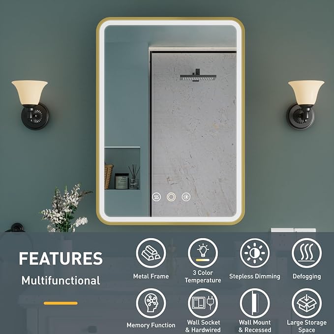 Medicine Cabinet with Mirror and Lights, 16x28 Inch Wall or Recessed Mounted LED Bathroom Medicine Cabinet, Defogger, Storage Shelf, 3 Color Dimmable Light with Memory Function, Gold