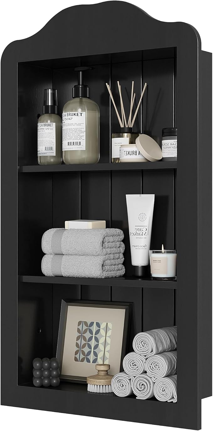 CJL 14'' x 24'' Victorian Recessed Medicine Cabinet, Solid Wood in-Wall Bathroom Cabinet, Wall Niche Shelf, 3-Tier, No MDF, Black