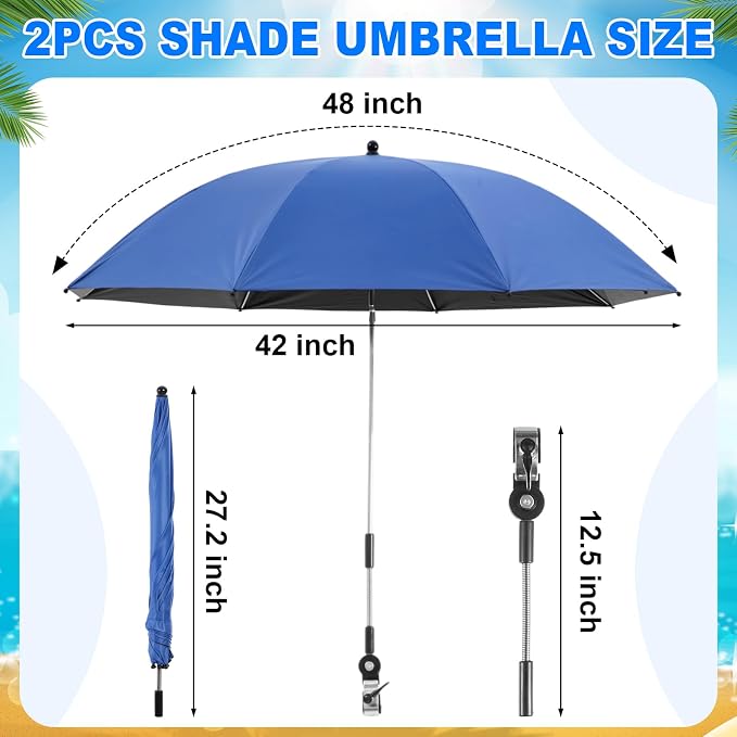 Yuntau 2 Set Reclining Beach Chairs with UPF 50+ Umbrellas Shade, Upgraded Heavy Duty Portable Folding Lounge Camping Chair with Canopy Removable Footrest & Headrest for Outdoor Patio(Blue)