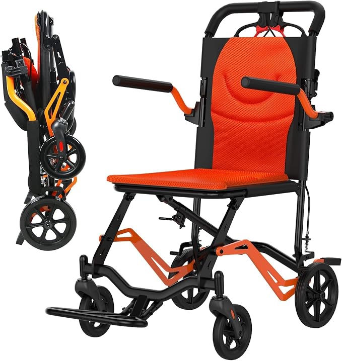 IDEALHOUSE Lightweight Foldable Wheelchair for Adults, Portable Travel Chair with Removable Flip-Up Armrests, Adjustable Swing-Away Footrests, Hand-Operated Brakes, for Indoor & Outdoor Use, Orange
