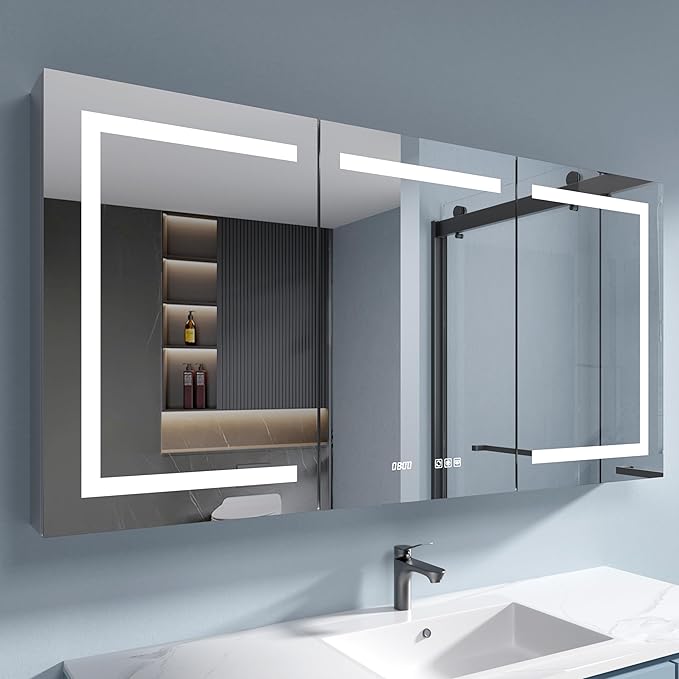 Medicine Cabinet with Lights with Mirror, 60 x 30 Inch Recessed/Surface Wall Mount LED Lighted Medicine Cabinets for Bathroom with Storage, 3 Colour Lights Dimmable Defog, Time/Temp Display