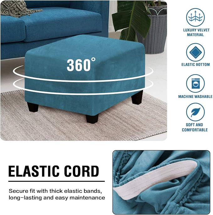 H.VERSAILTEX Square Ottoman Covers Ottoman Slipcover Square Footstool Protector Covers Storage Stool Ottoman Covers Stretch with Elastic Bottom, Feature Real Velvet Plush Fabric, Peacock Blue