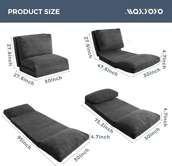 MAXYOYO Folding Sofa Bed, Extra Thick and Long Floor Sofa Convertible Sleeper Chair with Washable Cover, Floor Couch Lounge Bean Bag Bed for Living Room, Dark Grey, 30x95 Inch