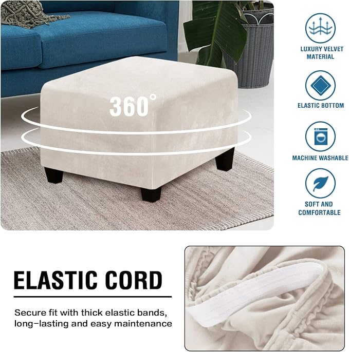 H.VERSAILTEX Ottoman Slipcover Square Footstool Protector Covers Storage Stool Ottoman Covers Stretch with Elastic Bottom, Feature Real Velvet Plush Fabric, Ivory