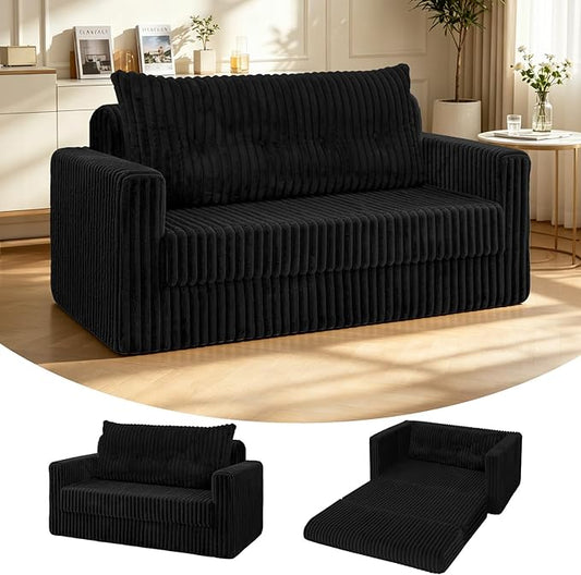 HABUTWAY 49.8" Loveseat Boneless Couch, 4-in-1 Convertible Sofa Bed, Plush Fur Folding Futon Sofa Bed Couches with a Pillow for Living Room, High-Density Foam Support, No Assembly Required, Black