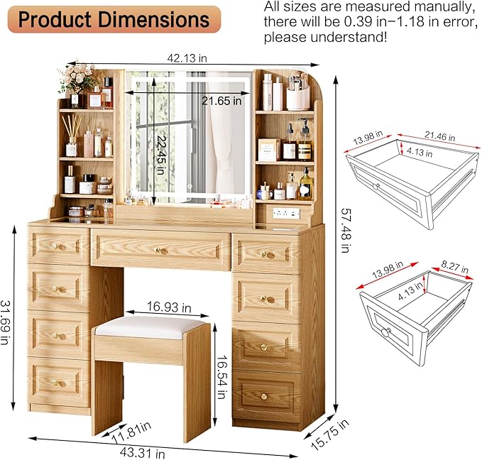 Arulvmrn 43" Makeup Vanity Desk with Mirror and Lights, & Power Outl, Glass Top Big Vanity Table with 9 Drawers& 8 Storage Shelves, Dressing Table Set with Chair for Bedroom, Wood