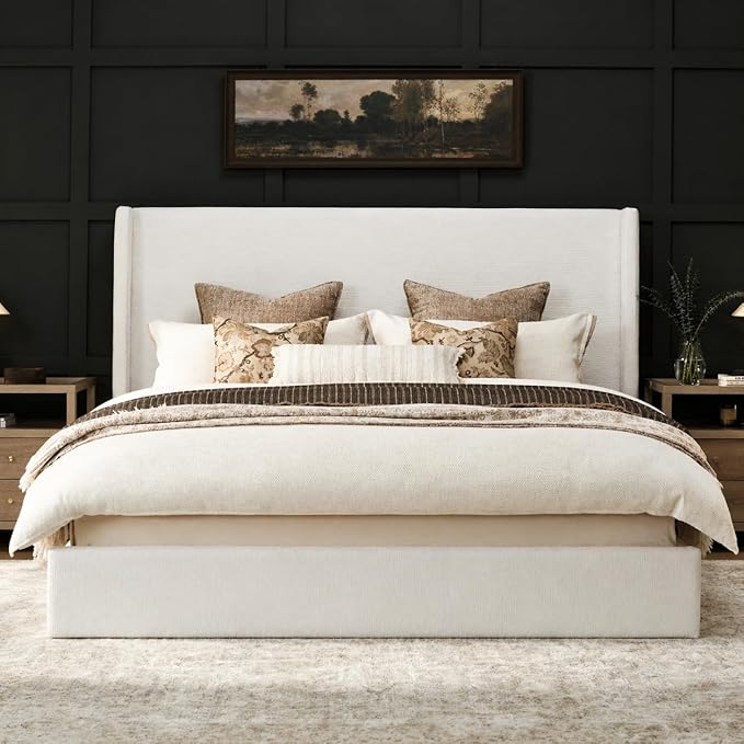 RECCI King Size Bed Frame with 53" Extra Tall Wingback Headboard, Luxury Upholstered Platform Bed Frame, Heavy Duty Support, Noise-Free, Easy Assembly, No Box Spring Needed, Ivory White Canvas