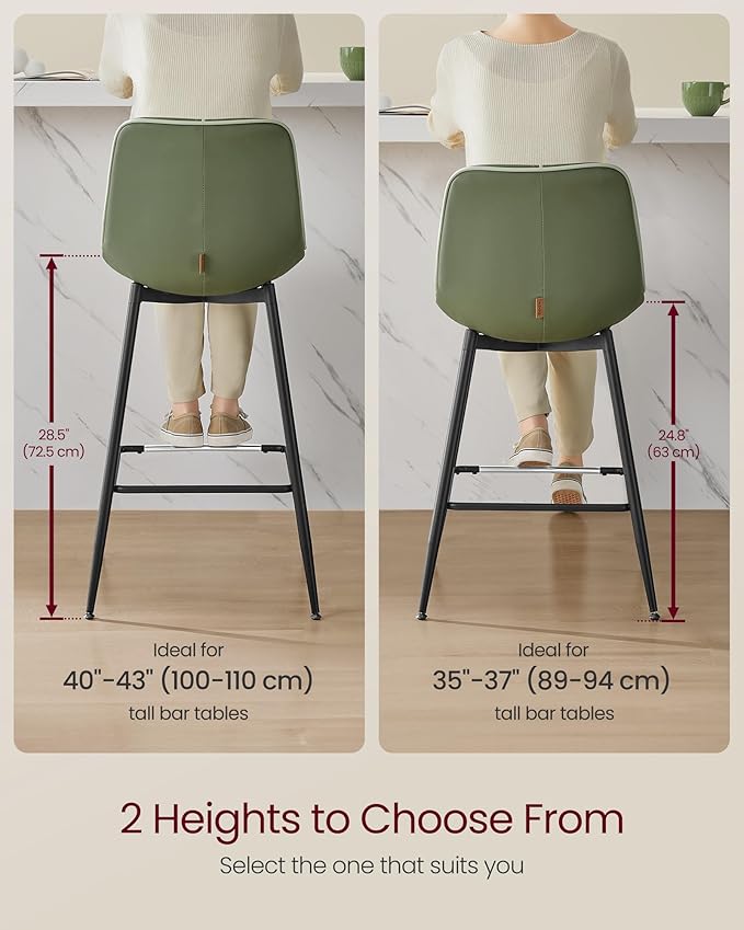 VASAGLE Bar Stools Set of 4, Bar Height Bar Stools with Back, Ergonomic Backrest, Synthetic Leather, Metal Legs, 28.5-Inch Tall Barstools for Kitchen Island Home Bar, Easy Assembly, Forest Green