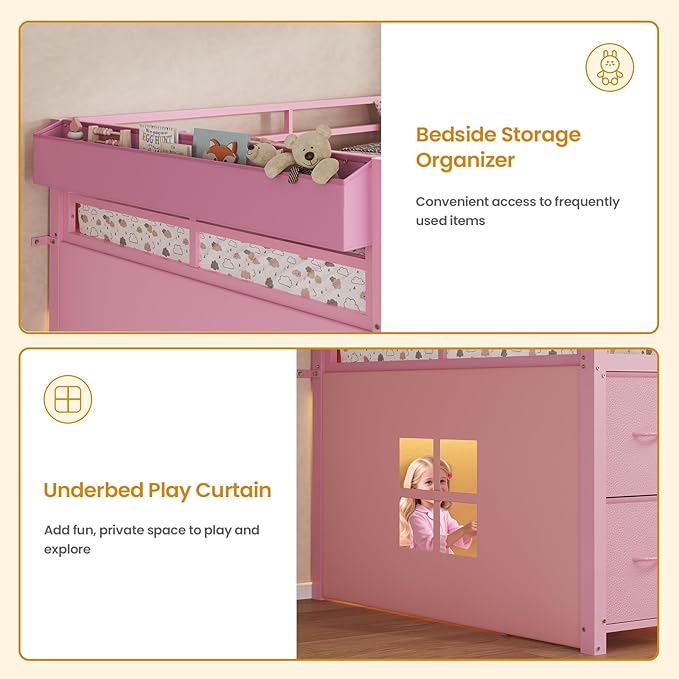 ADORNEVE Low Loft Bed Twin Size with 7 Storage Drawers, Bookcase and LED Lights, Metal Kids Loft Bed with 14" H Safety Guardrail,Inclined Ladder and Play Curtain, Under-Bed Play Space,Pink