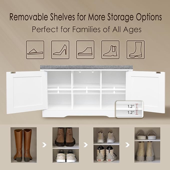 DINZI LVJ Shoe Bench, Entryway Storage Bench with Doors, Cushion, 2-Tier Shoe Rack with 6-Cubby, 31.5”L x 13.8”W Shoe Organizer Cabinet, Adjustable Shelf, Living Room, Bedroom, White