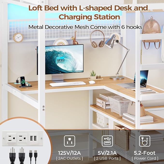 DICTAC Twin Loft Bed with L-Shaped Desk, Storage Shelves and Charging Station Twin Size Metal Loft Bed with LED Lights and Coat Rack with 2 Storage Drawers,Top Bunk with Safety Guard & Stair, White