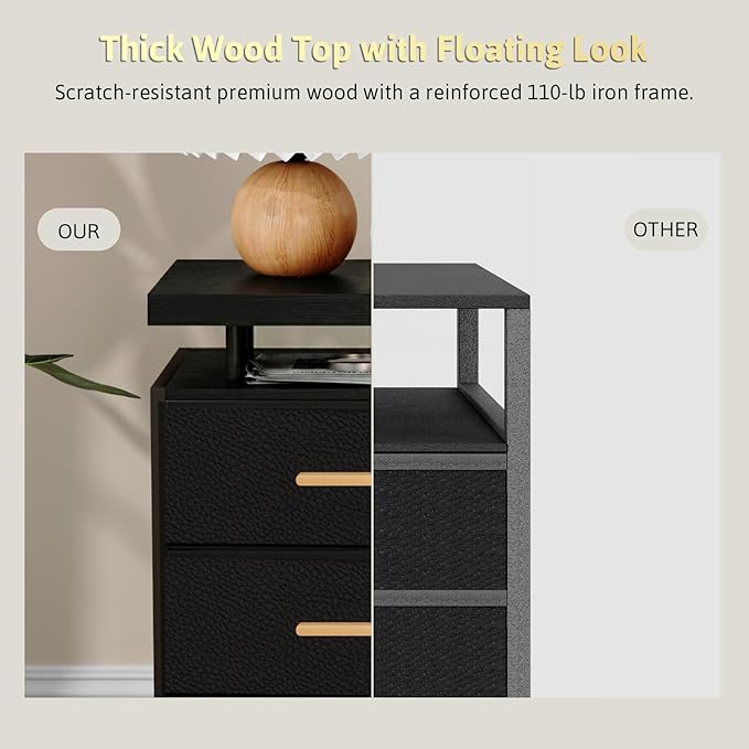 DreamDashio Night Stand with APP Control LED Lights, 3 Fabric Storage Drawers with PU Finish, Floating Top Design, Bedside Table with Open Shelf, End Table for Bedroom, Living Room, Office (Black)