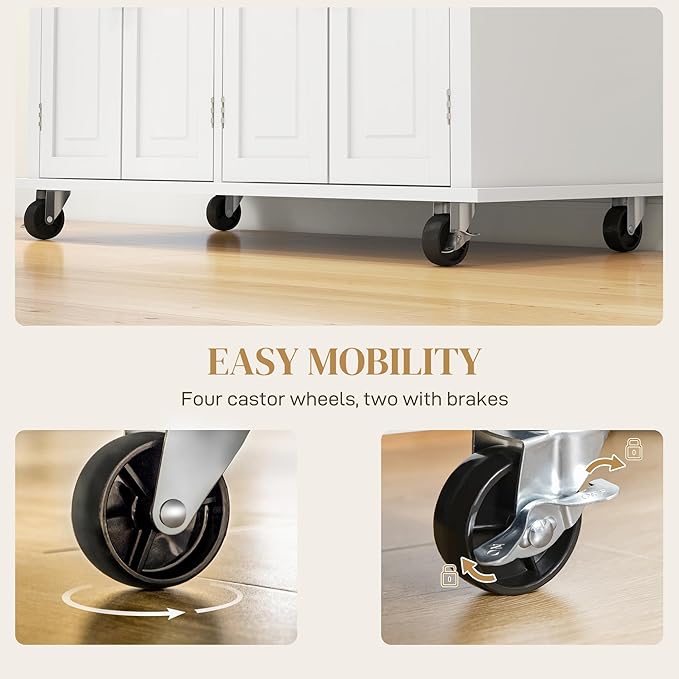 HOMCOM Kitchen Island Cart with Solid Wood Top, 44" Mobile Kitchen Island Table on Wheels with Storage Cabinets, 2 Drawers, Adjustable Shelves, Spice Rack & Towel Bar for Dining Room, Cream White
