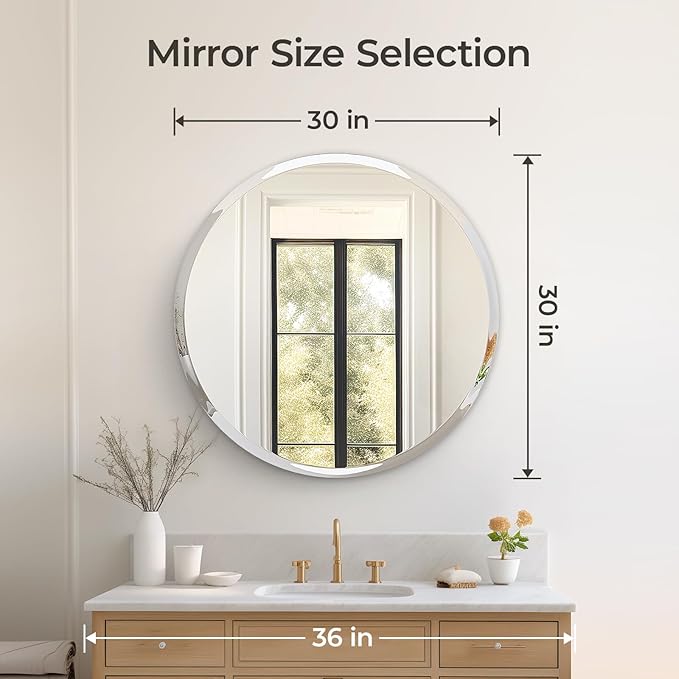 USHOWER 30" Round Frameless Wall Mirror with Beveled Edge - Circle Mirror for Bathroom & Vanity, Elegant & Simple Look