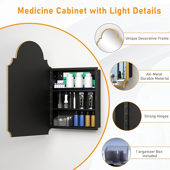 20"x32" Medicine Cabinet with Mirror, Recessed and Surface Mount Medicine Cabinets for Bathroom, Bedroom, Full Metal, Unique Art Arched Mirror with Storage, 2 Shelves and 1 Organizer Box, Bling Gold