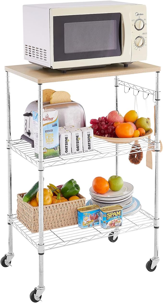 BolDuck 450Lbs Capacity Microwave Cart with Wheels, 3 Tier Rolling Cart with Adjustable Shelves, Multifunctional Metal Utility Storage Kitchen Carts on Wheels, 23.6" L*15.7" W*37" H, Wood+Chrome