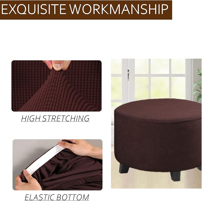 Stretch Ottoman Slipcover – Round Furniture Protector Fits 20"-23" Dia, for Footrests, Storage Ottomans & Folding Stools – Elastic Fabric Cover (Brown, Medium)