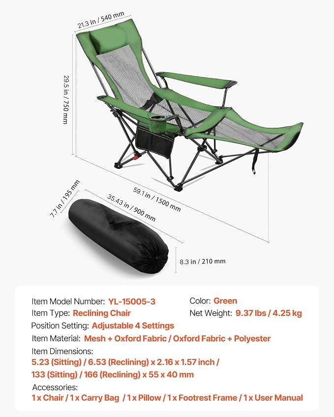 VEVOR 2-in-1 Reclining Camping Chair with Footrest for Adults, 4 Adjustable Positions, Portable Folding Lounger, Lightweight Mesh Beach Chair Supports 220lbs, Heavy Duty Camp Chairs Outdoor, Green