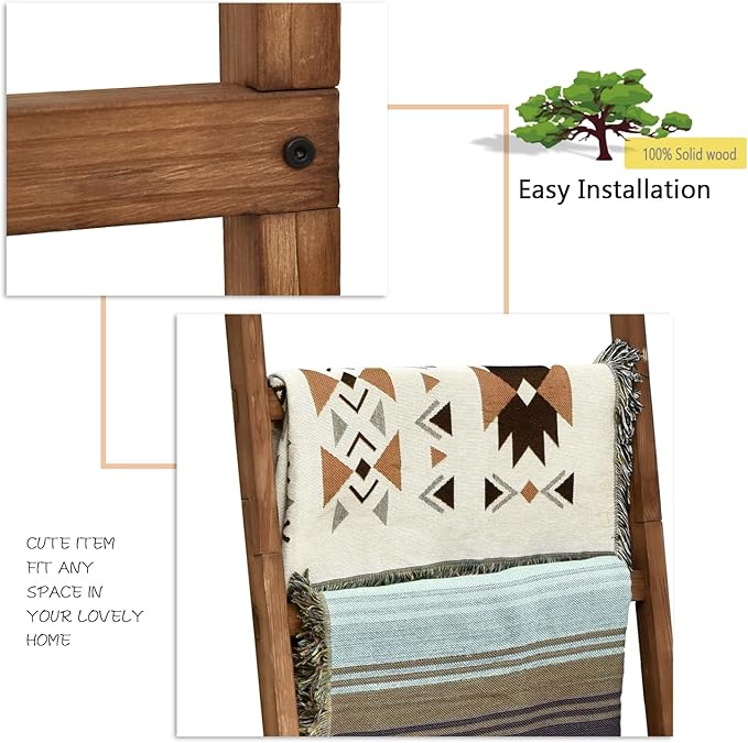 FUIN 6.4ft Extra Wide Wooden Blanket Ladder Living Room Decorative Wal Leaning Farmhouse Quilt Display Holder Rustic Wood Towel Rack for Bathroom, Brown, 24 inch Wide