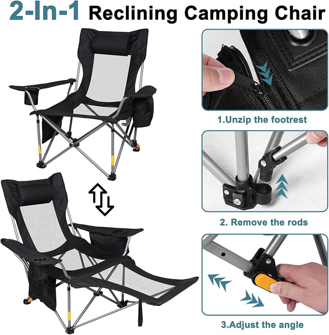Romswi 2Pack 4-Position Reclining Camping Chair with Removable Footrest, 2-in-1 Adjustable Portable Lounge Chair with Cooler Bag, Cup Holder, Side Pockets & Carry Bag for Outdoor, Mesh Black