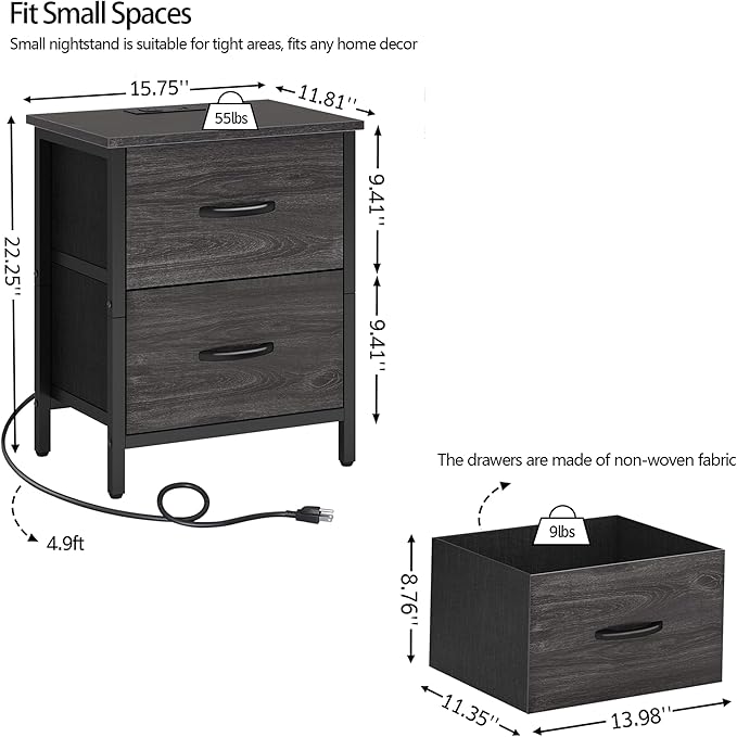 Vagusicc Nightstand with Charging Station, Bedside Table with USB Ports and Outlet, End Table Side Table with 2 Fabric Drawers for Bedroom, Living Room, Gray Walnut