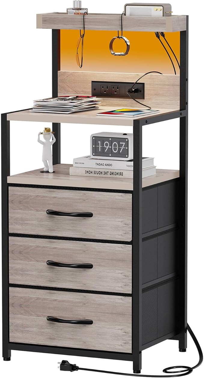 SZLHANJZ Night Stand with Charger Station, 3 Drawers Nightstand with Storage and LED Lights, Shelves, and Hooks, Bed Side End Table for Bedroom Dorm, Greige