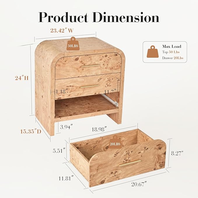 Night Stand [Unique Curved Profile] [FSC-Certified Wooden Board] 3-Drawer Nightstand 24" H Metal Handle Modern Bedside Table