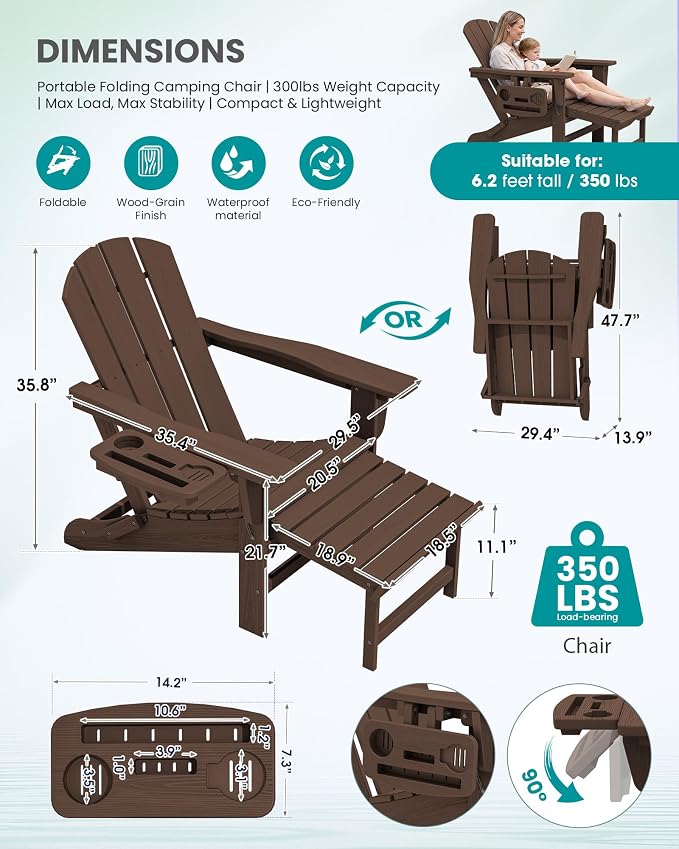 SERWALL Folding Adjustable Adirondack Chairs with Footrest Set of 4, HDPE Outdoor Chair with 4-in-1 Cup Holders, All Weather Adirondack Chair with Ottoman, Coffee