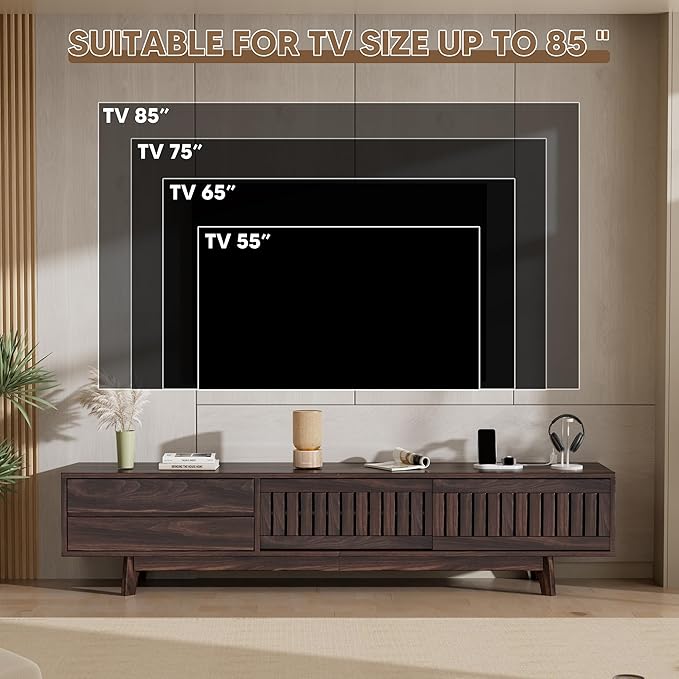 TV Stand for up to 85 Inch TVs, 78.7" Entertainment Center with Storage & Power Outlet, Mid Century Modern Media Console w Drawers and Sliding Door, Television Stands for Living Room, Walnut