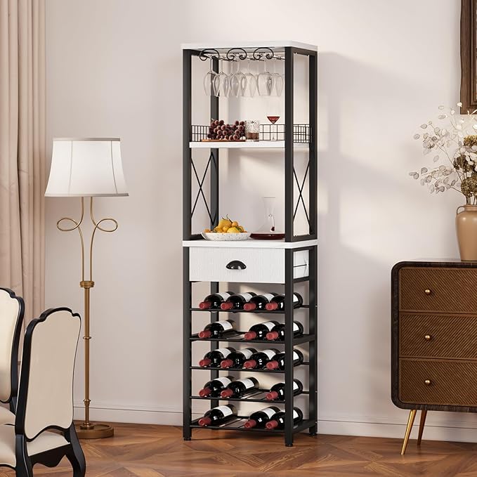 Homeiju Wine Rack Freestanding Floor, Bar Cabinet for Liquor and Glasses, 4-Tier bar Cabinet with Tabletop, Glass Holder, Storage Drawer and Wine Storage for Home Bar(Patent No.D1009580)