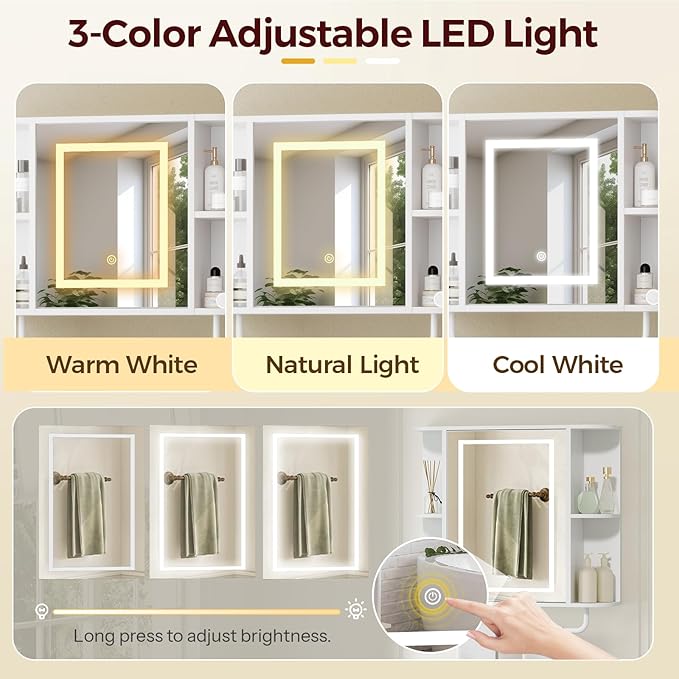 MAHANCRIS Bathroom Wall Cabinet with Mirror, Mirrored Medicine Cabinet with 3 Colors LED Light and 4 Open Shelves, Wall Mounted Storage Cabinets with Adjustable Shelf, 24.7"L x 6.7"W x 26.7"H, White